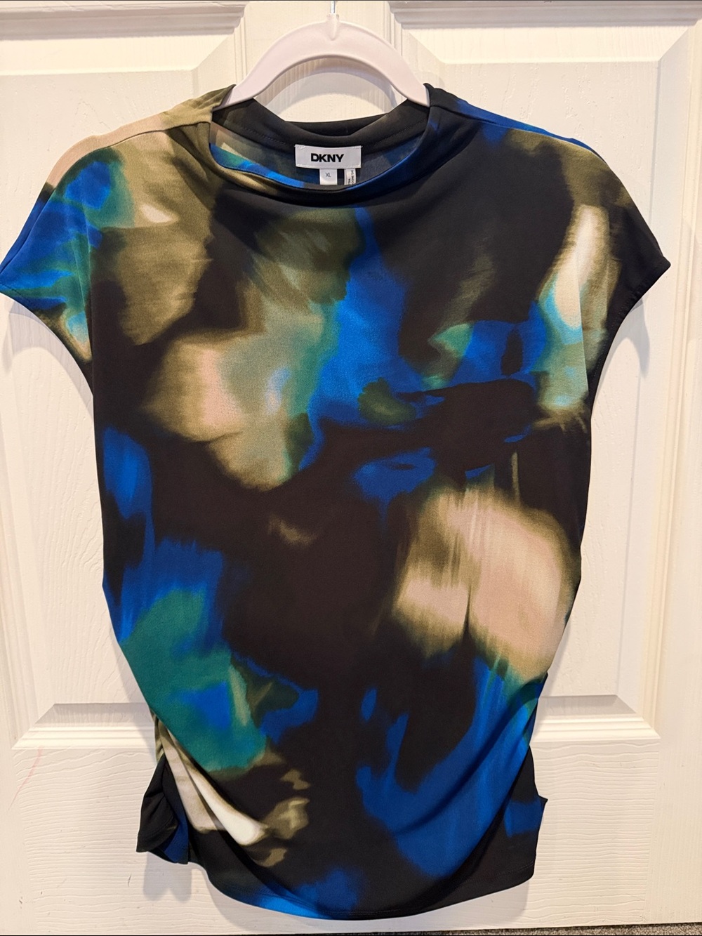 DKNY Abstract Cap Sleeve Top in Black, Blue & Green
